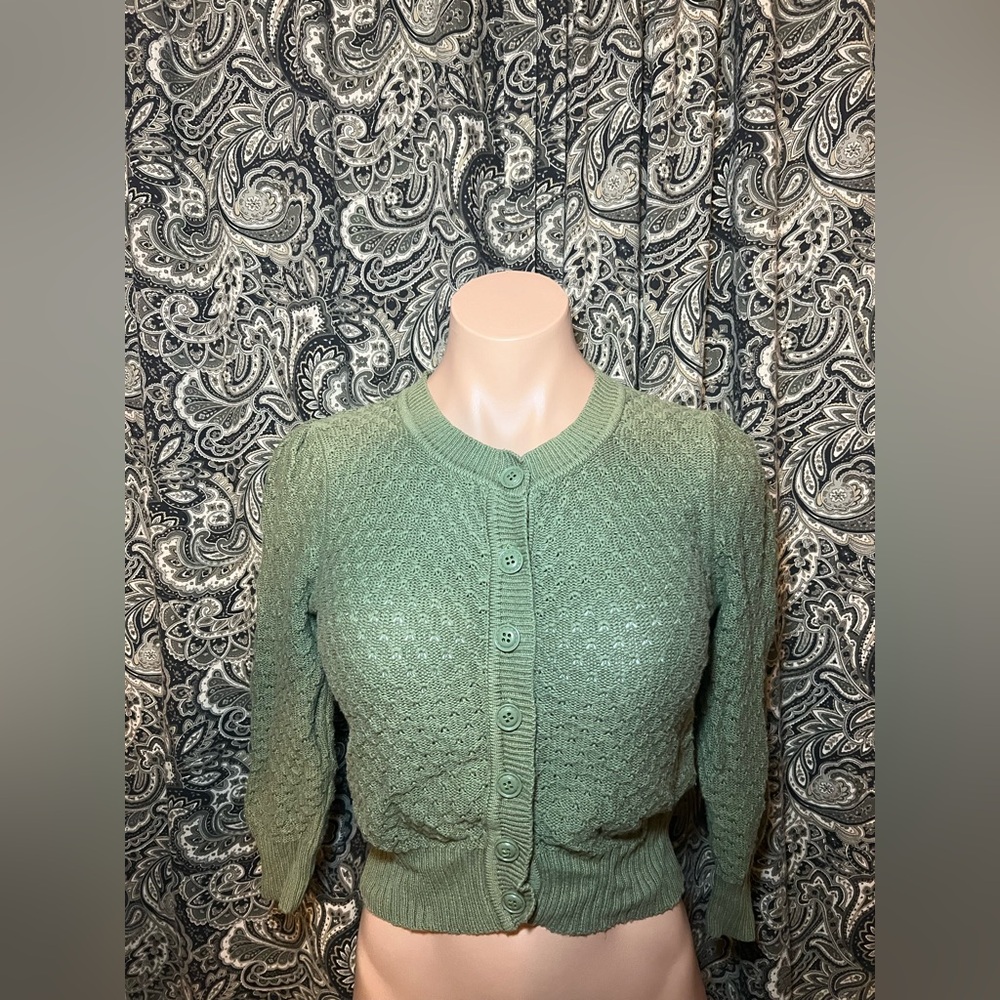 YEMAK Women's Cropped Cardigan Sweater – 3/4 Sleeve Crewneck Crochet Knit SZ: S